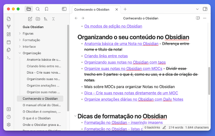 interface do Obsidian mostrando uma nota organizada em forma de MOC