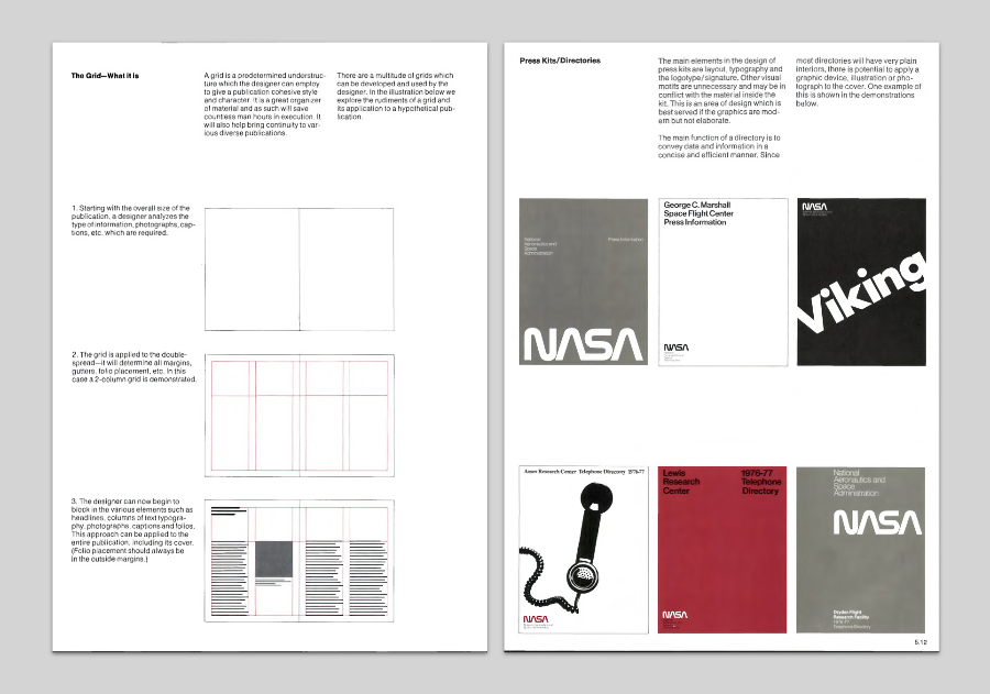 Duas páginas do manual, mostrando o grid para publicações impressas, e os modelos para kits de imprensa