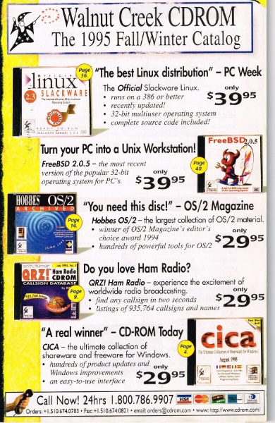Anúncio da Walnut Creek em 1995, com CDs de Linux, BSD, OS/2, radioamadorismo e mais.