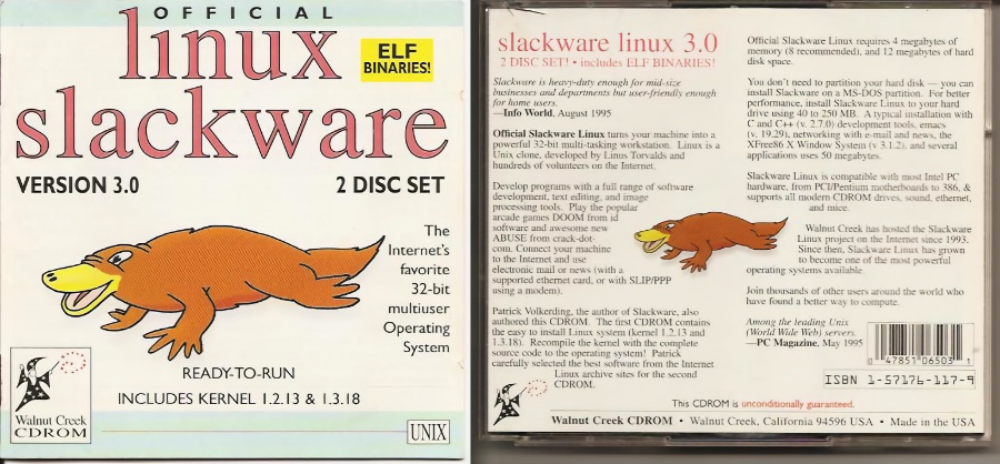 Frente e verso da embalagem do 'official linux slackware version 3.0 2 disc set' da Walnut Creek