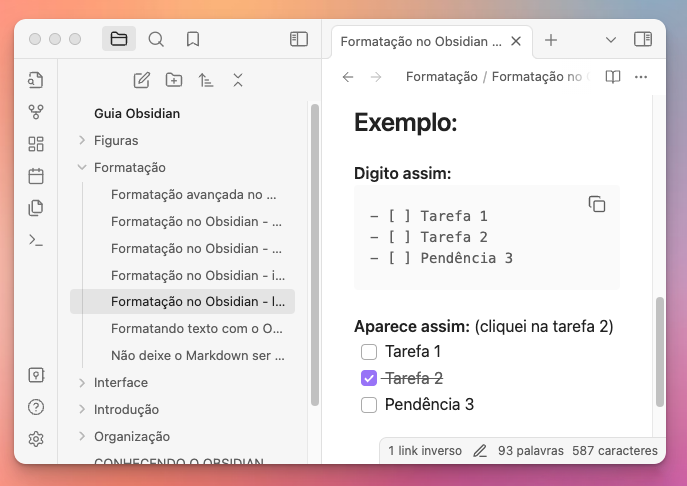 print de tela do Obsidian mostrando um exemplo de lista de pendências com 3 itens, sendo um deles já clicado como completado