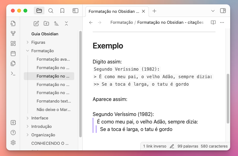print de tela do Obsidian exemplificando uma citação em 2 níveis.