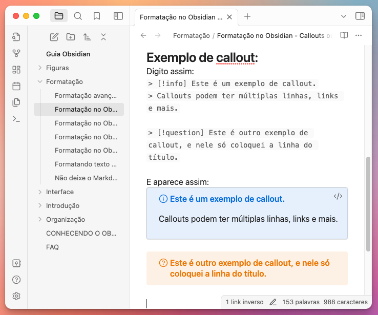 print de tela do Obsidian exemplificando um callout de múltiplas linhas e um callout contendo apenas a linha do título